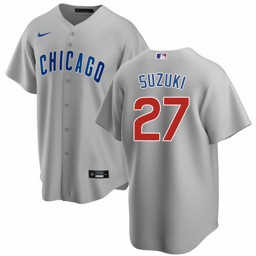 Men's Chicago Cubs #27 Seiya Suzuki Grey Cool Base Stitched Baseball Jersey